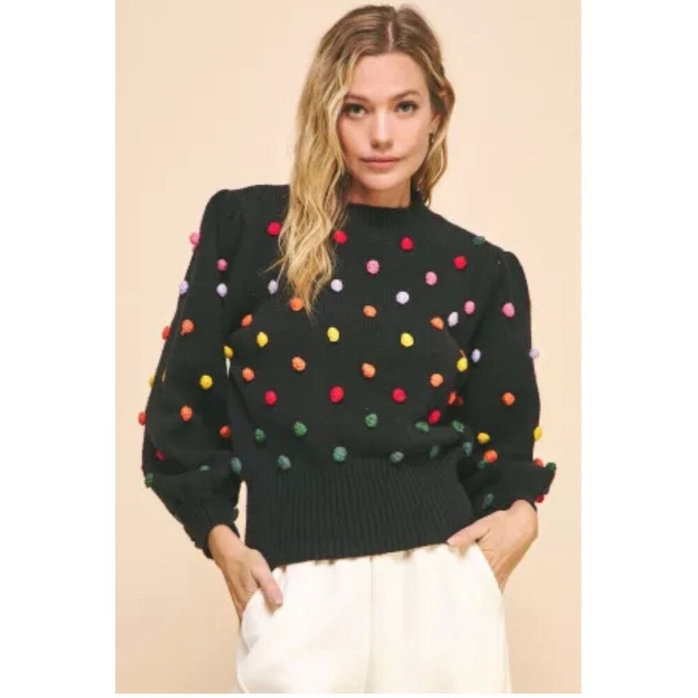 Davi & Dani pom sweater Sz S Black Balloon Sleeves Casual School Party